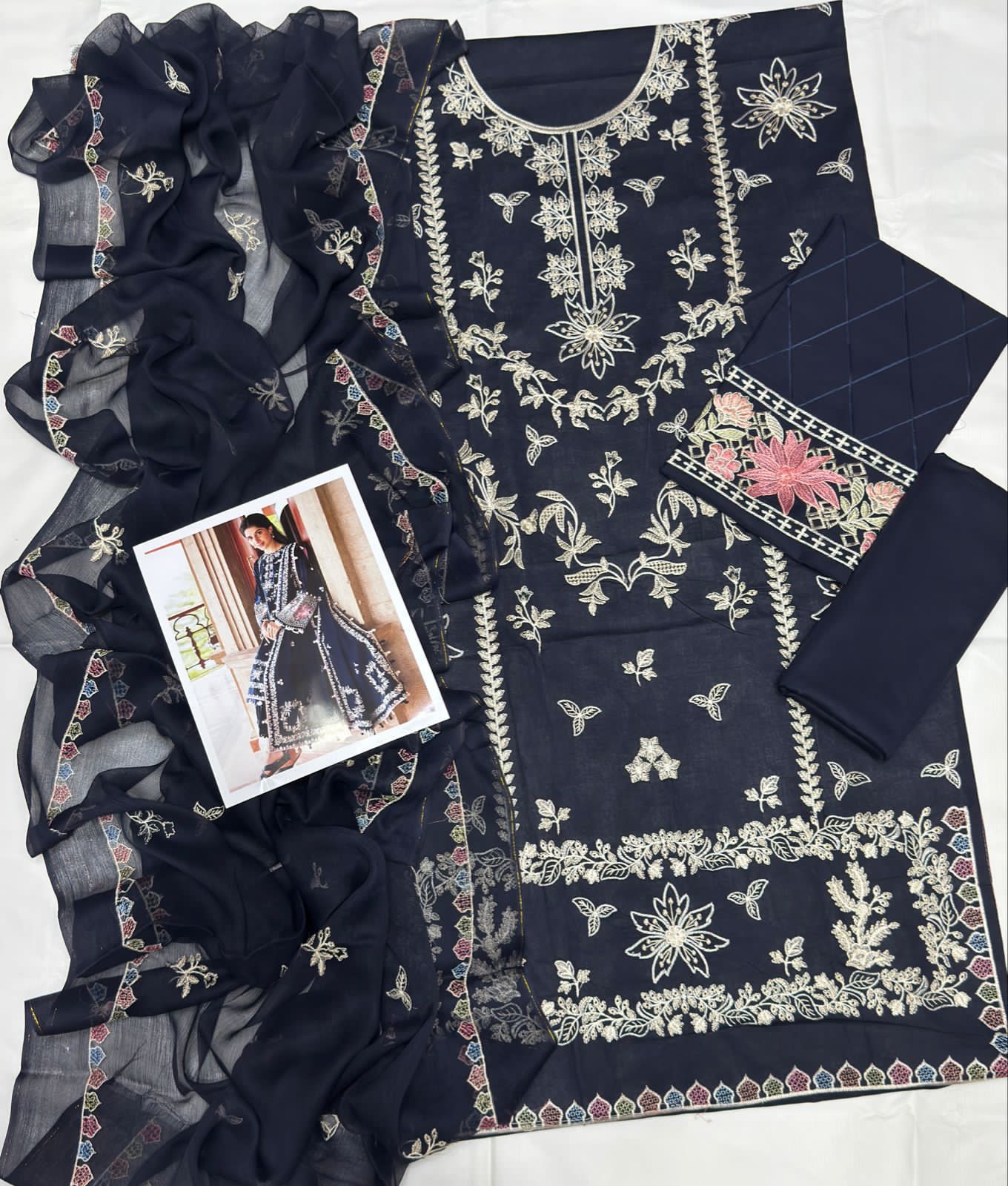 Navy Blue Embroidered Tunic Set