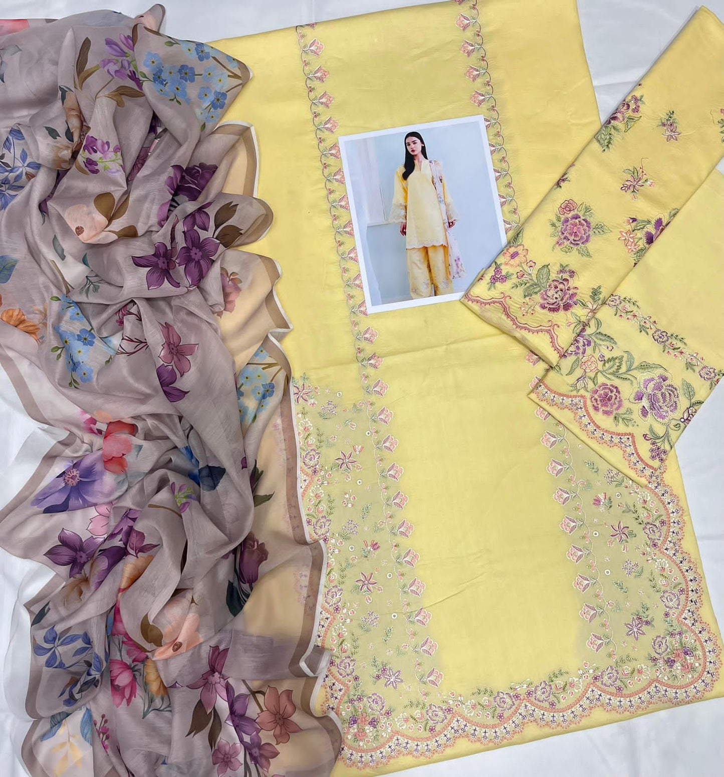 Yellow Floral Embroidered Tunic Set
