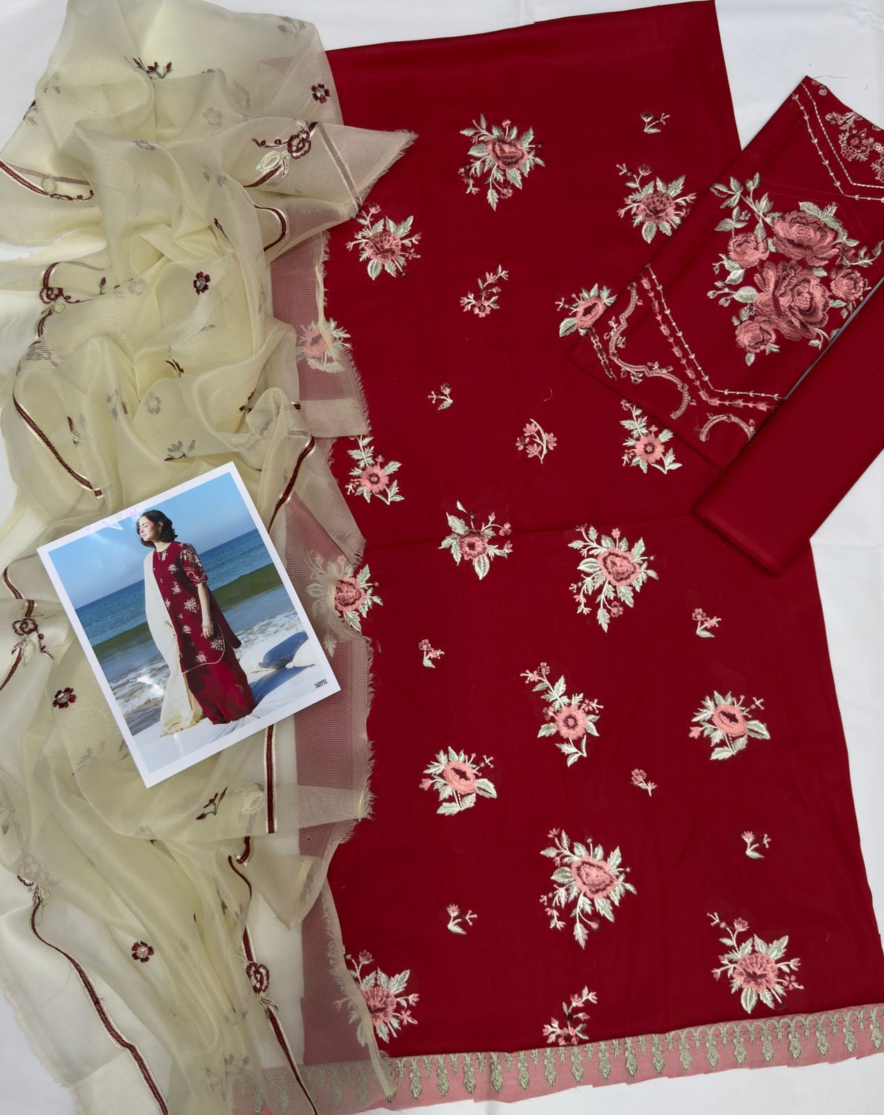 Red Floral Embroidered Tunic Set