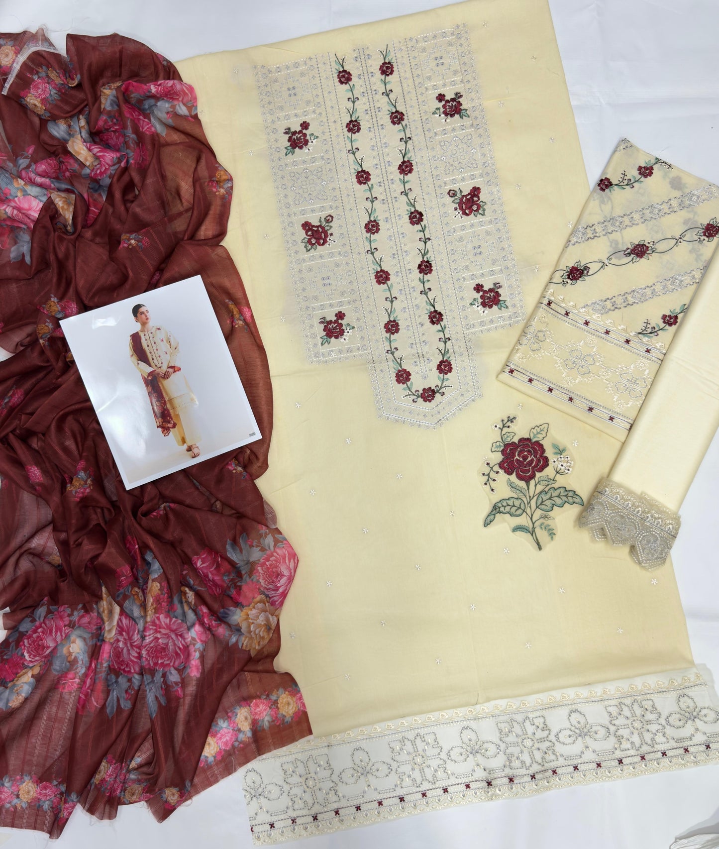 Cream Red Floral Tunic Set