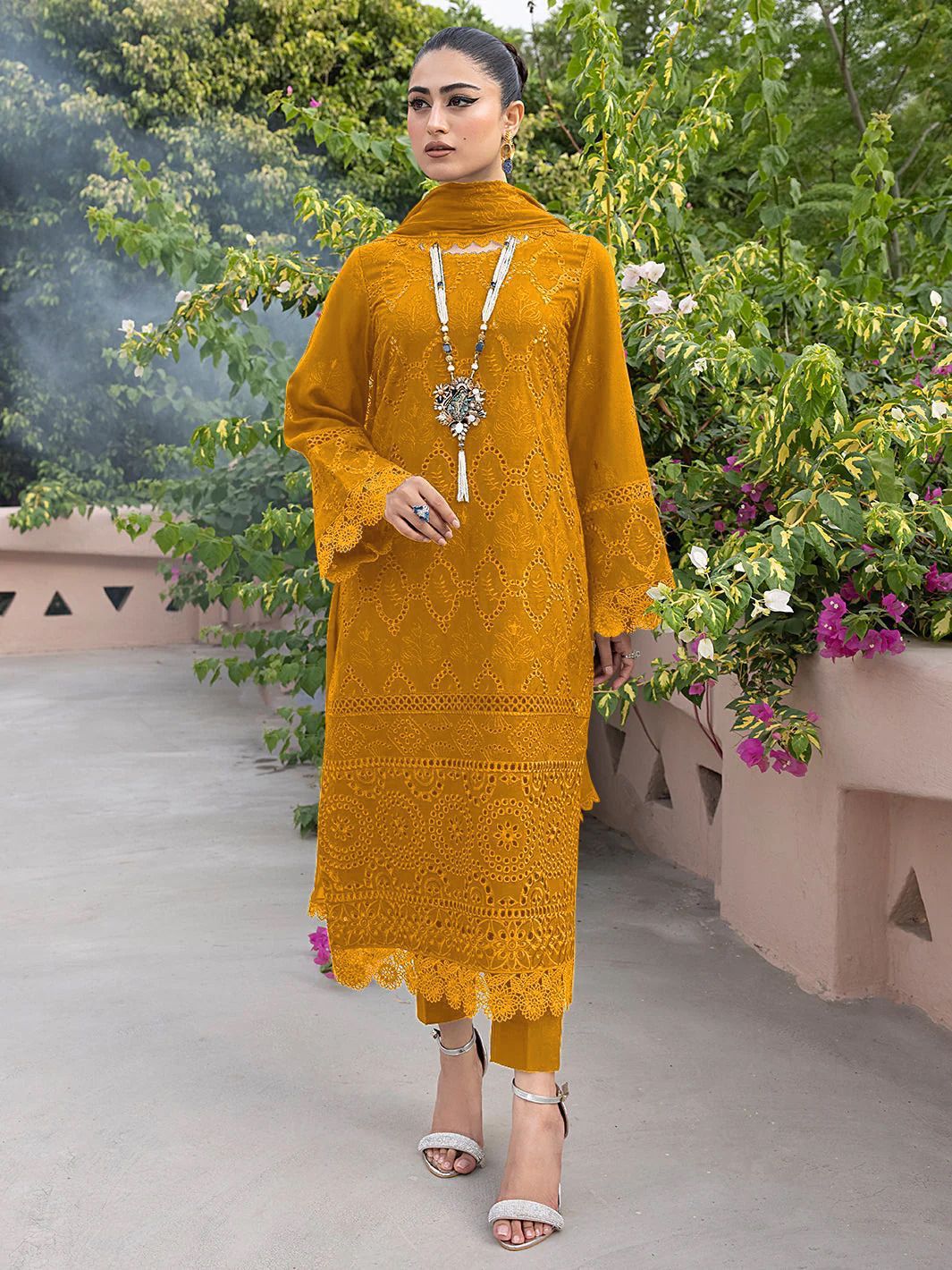 Mustard Yellow Cutwork Tunic Set