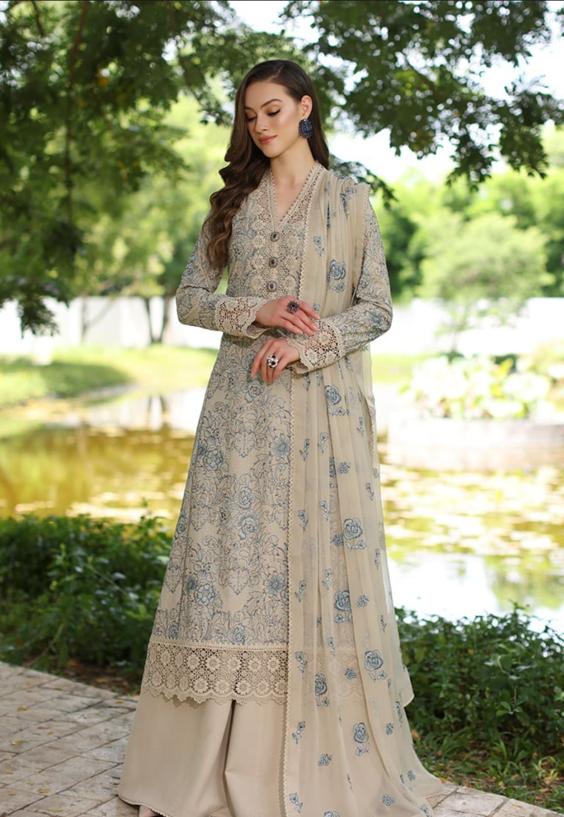 Beige Embroidered Lace Tunic Set